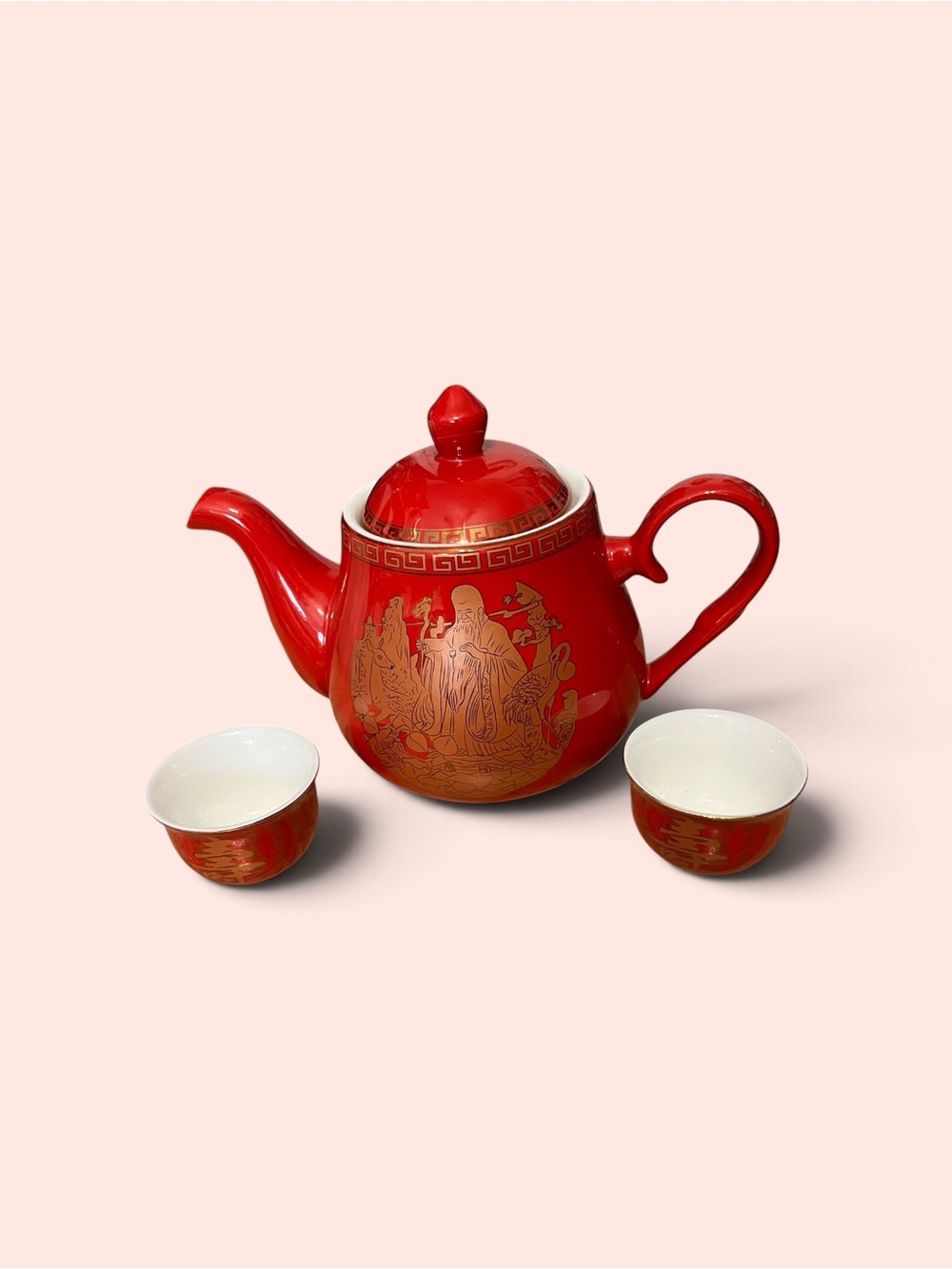 Red Ceramic Teapot and Cup Set with Gold Motif